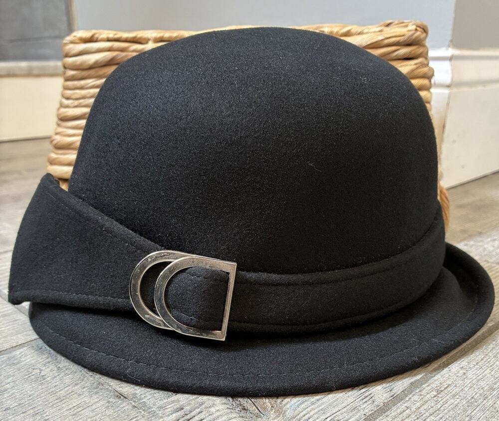 August Hats Black Wool Felt Cloche Bowler Hat Silver D-Ring Buckle Adjustable